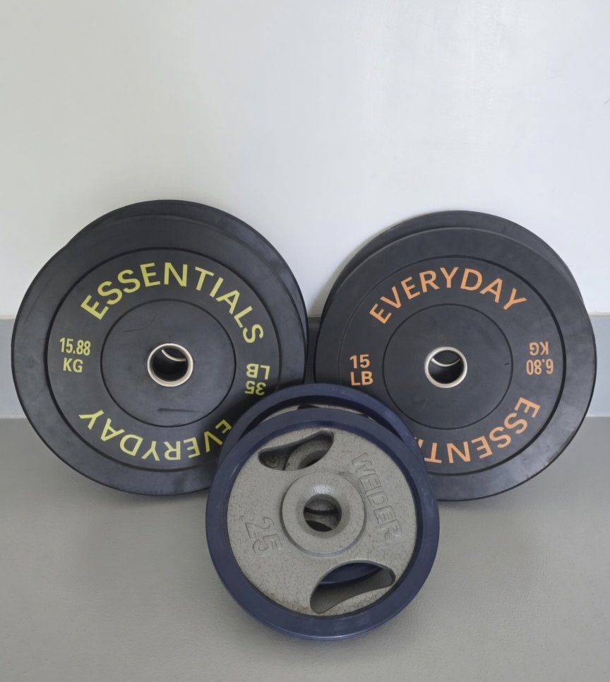 Everyday Essentials 35lb & 15lb Bumper Plates, Weider 25lb Olympic Weight Plate Set