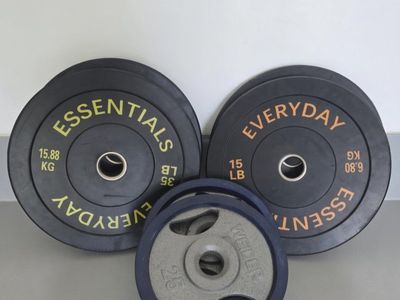 Everyday Essentials 35lb & 15lb Bumper Plates, Weider 25lb Olympic Weight Plate Set