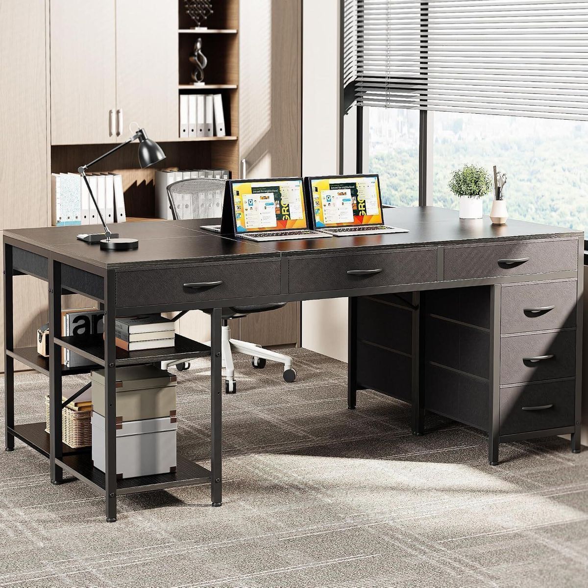 Desk with 6 Drawers, Shelves, Reversible Gaming Desk, Corner Desk with Storage, Work for Home Office, Study, Living Room