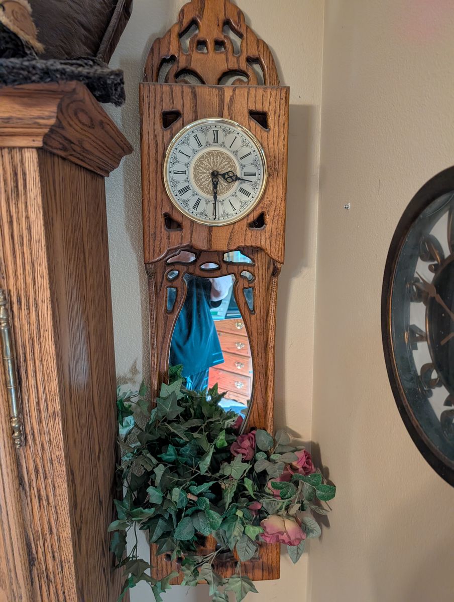 Vintage Wooden Wall Clock with Mirror and Ornate Details