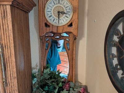 Vintage Wooden Wall Clock with Mirror and Ornate Details