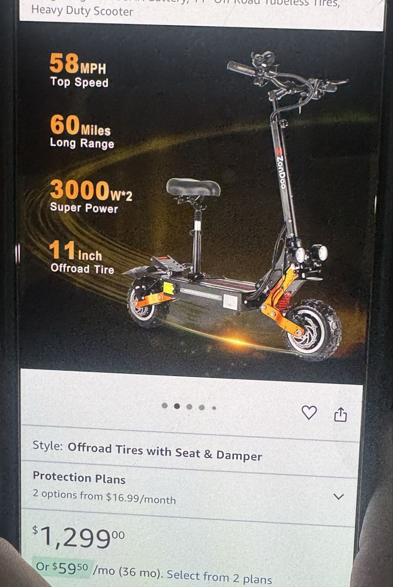 ZonDoo Z001 Plus Electric Scooter - 6000W, 58MPH, 60 Miles Range, 11" Off-Road Tires, Dual Motor
