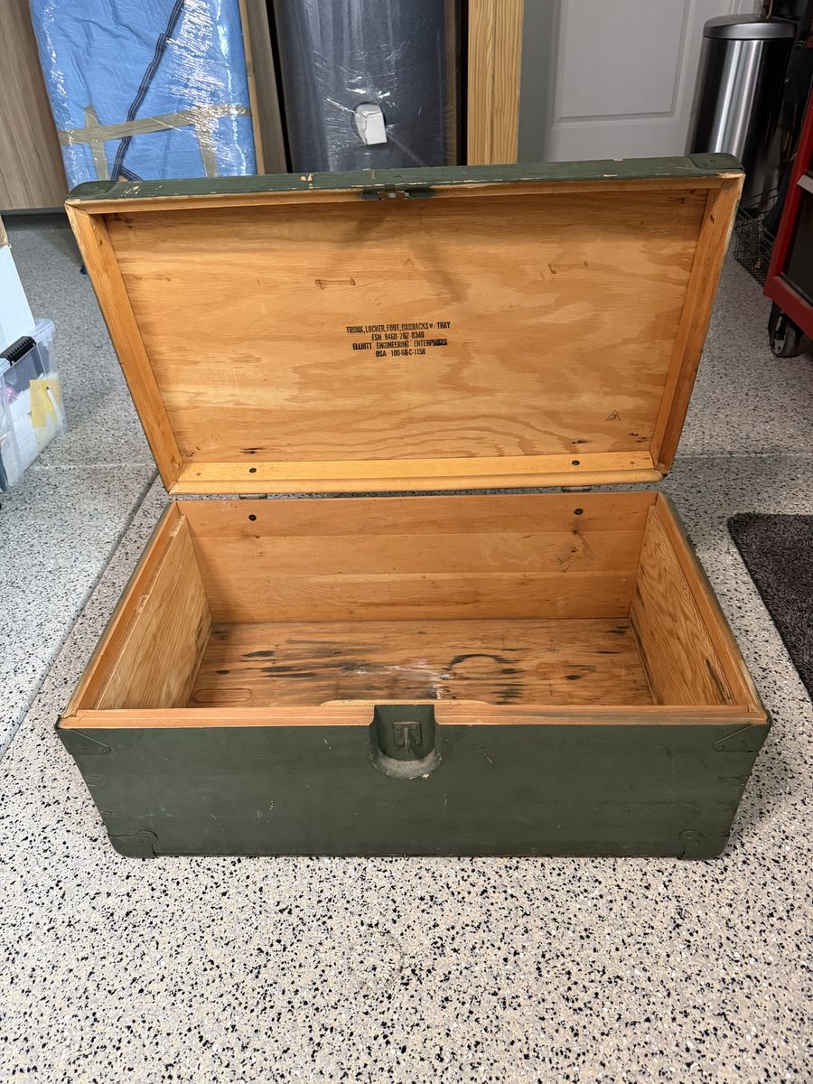 Vintage US Military Wooden Footlocker Storage Trunk - Olive Drab