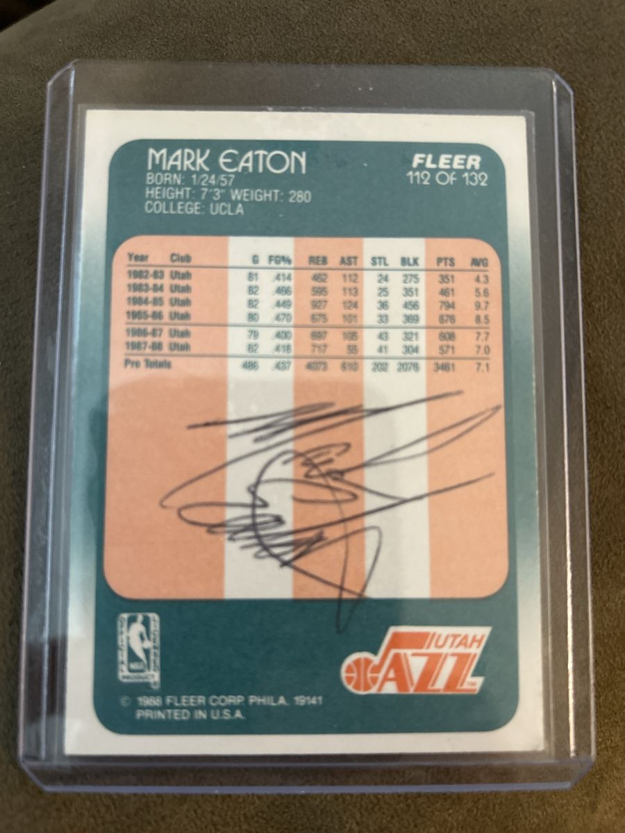 Auto 1988 Fleer Mark Eaton Utah Jazz #112 Autographed Trading Card Hand Signed NBA Basketball Card