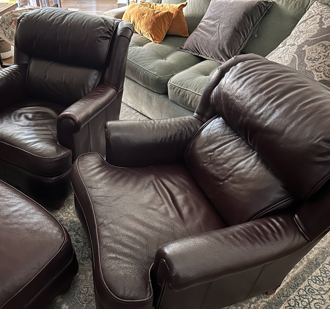 Sam Moore Leather Club Chairs (Pair) with Ottoman – High Quality, Very Comfortable