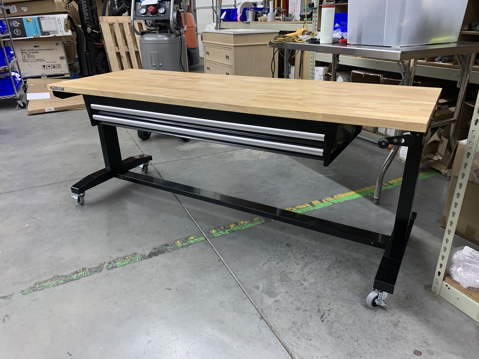 Husky 72 in. W x 24 in. D 2-Drawer Adjustable Height Black Workbench Table with Solid Wood Top