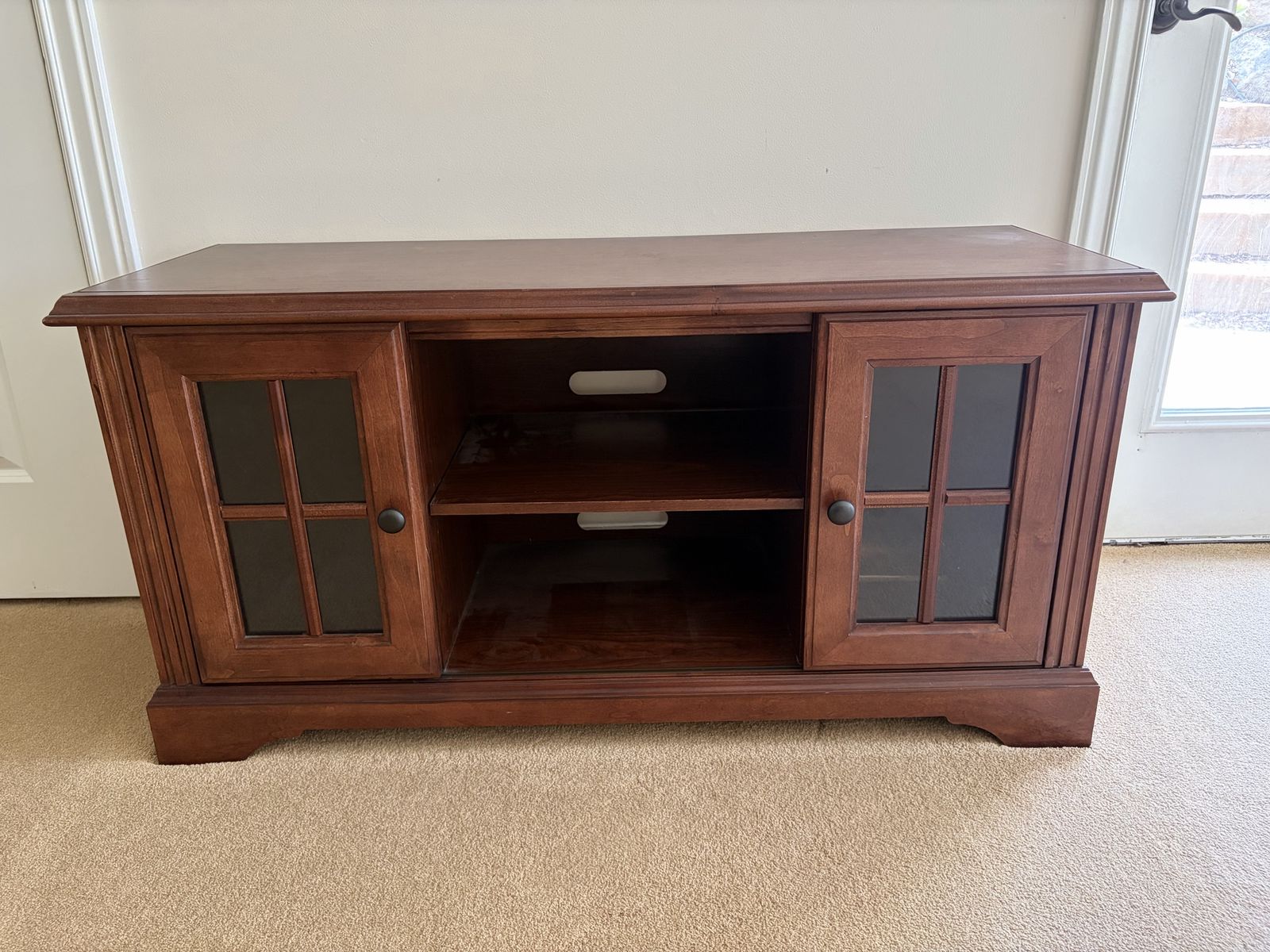 Wooden TV Stand Media Console with Glass Doors and Shelves