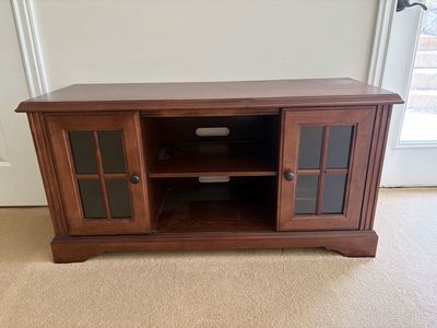 Wooden TV Stand Media Console with Glass Doors and Shelves