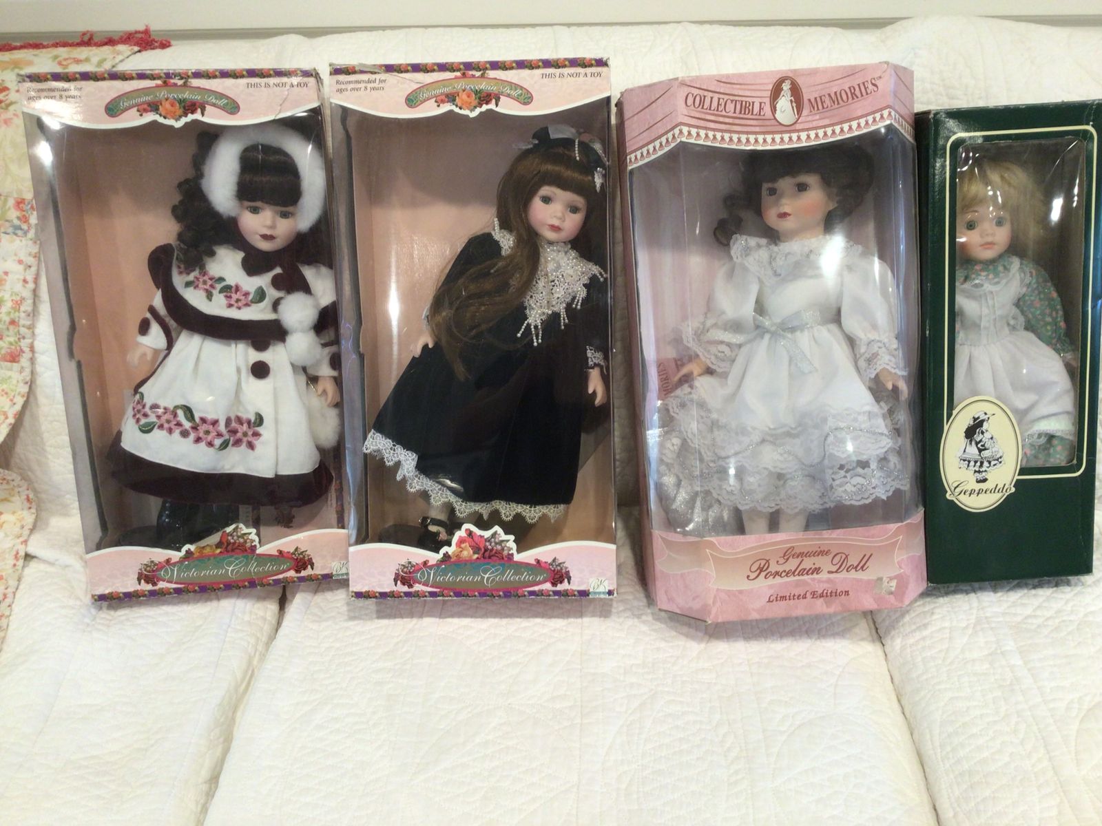 4 Porcelain dolls, never or seldom used, Victorian, Angel, Colonial, 16 in