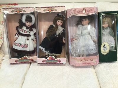 4 Porcelain dolls, never or seldom used, Victorian, Angel, Colonial, 16 in