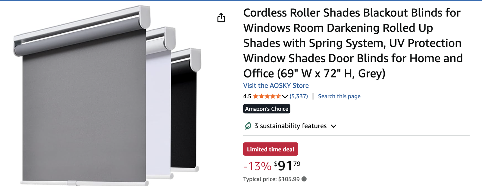NEW - 69" X 72" Black Cordless Roller Shades Blackout Blinds (spring mechanism)