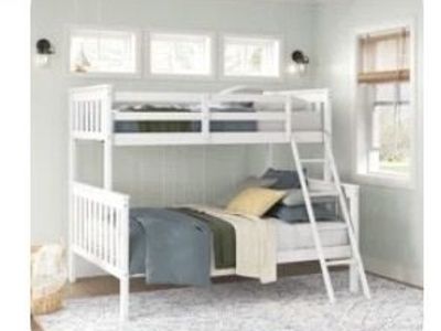 White Solid Wood Twin Over Full Bunk Bed with Ladder & Guardrail