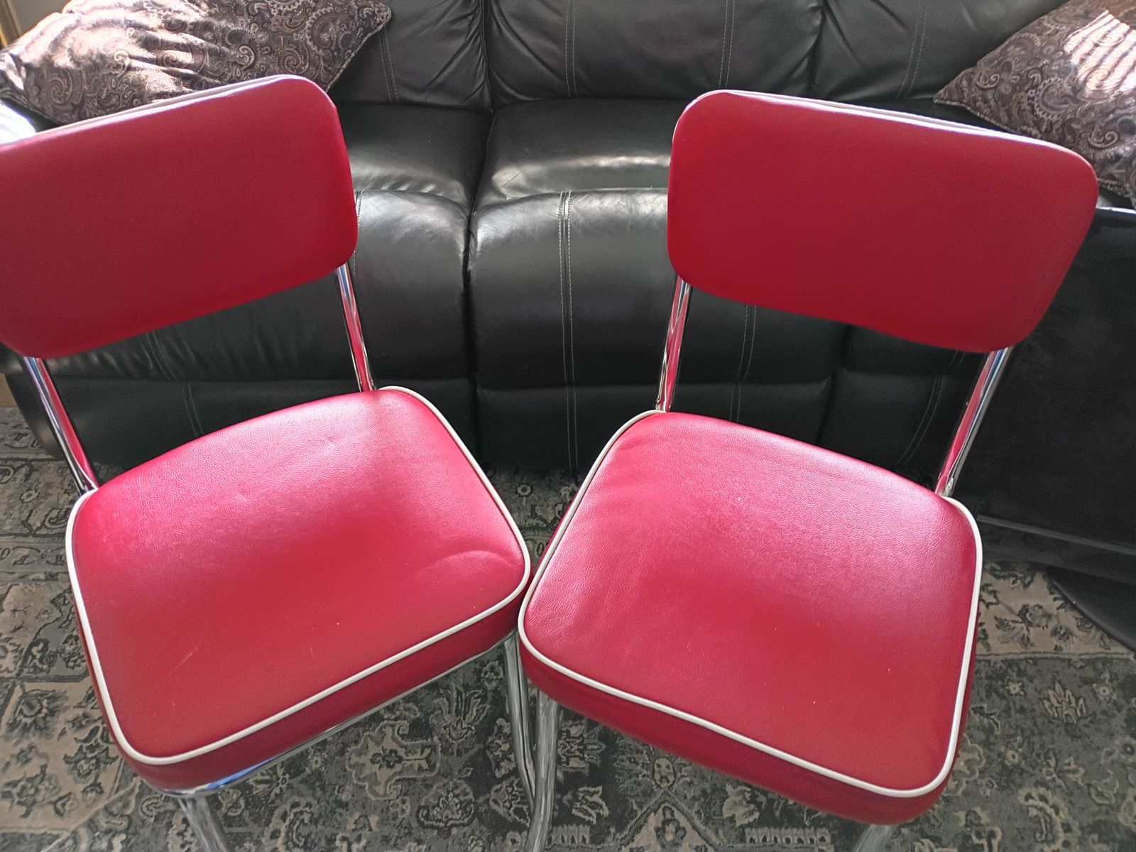 Pair of Red Retro Diner Style Kitchen Chairs with Chrome Legs - Vinyl Upholstery, White Piping