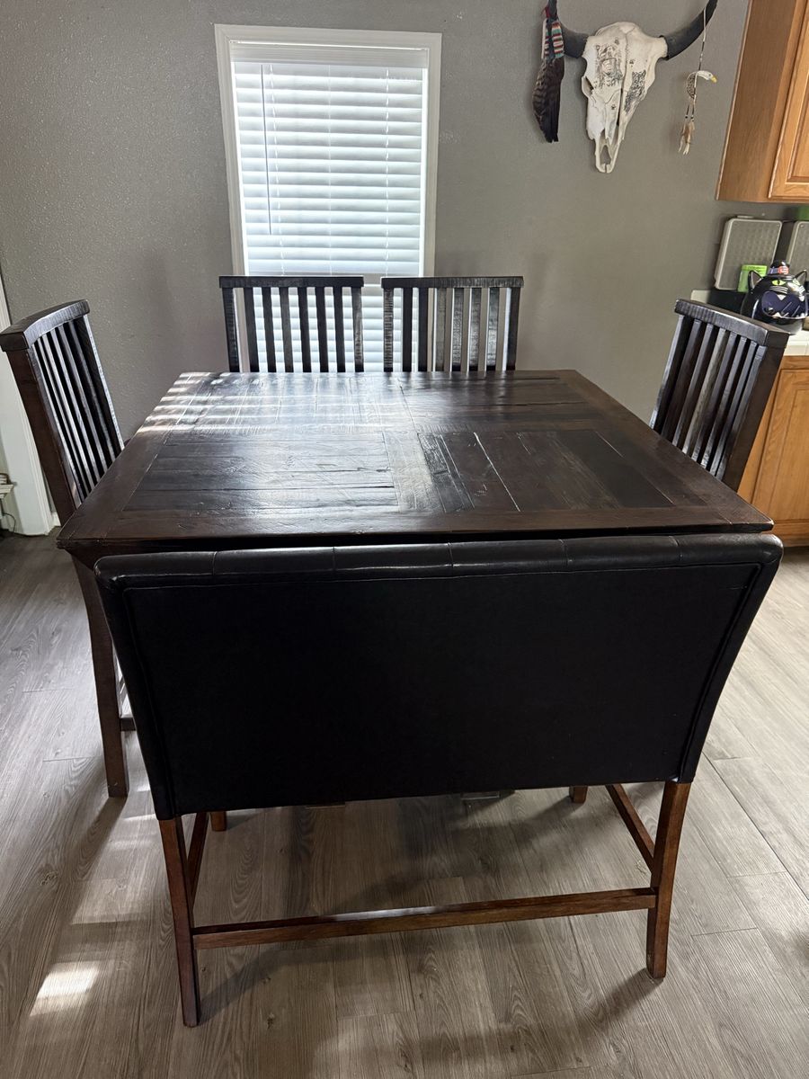Dark Wood Dining Table Set with 4 Chairs & Bench