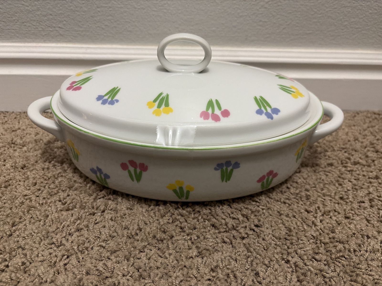 Mount Clemens Potery Vintage Covered Casserole Dish Tureen - White Ceramic with Floral Print & Green Trim