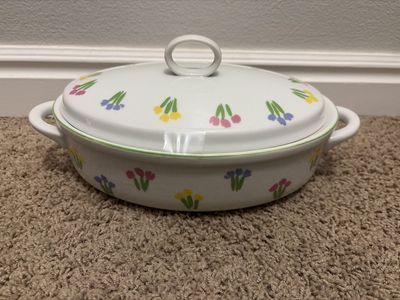 Mount Clemens Potery Vintage Covered Casserole Dish Tureen - White Ceramic with Floral Print & Green Trim