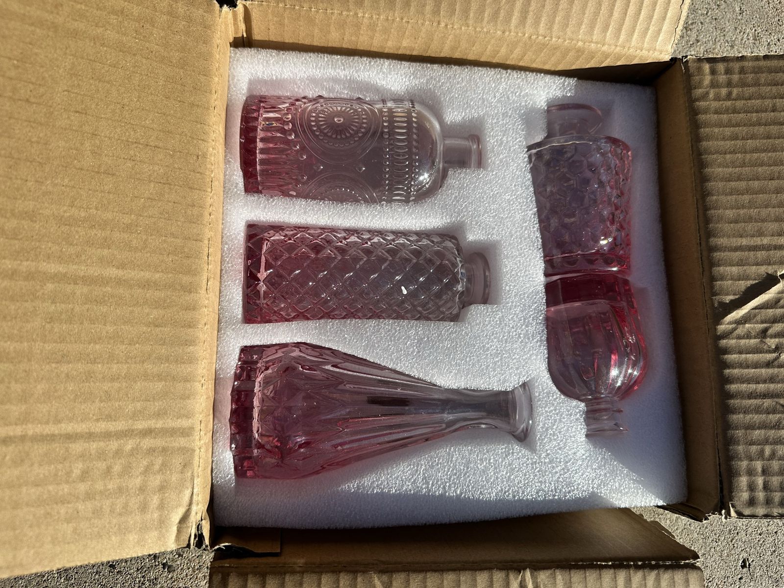 Decorative Glass Vases - Set of 5, Pink Embossed Designs, Assorted Shapes, New in Box