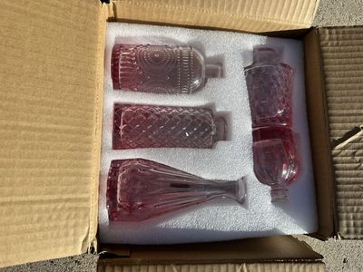Decorative Glass Vases - Set of 5, Pink Embossed Designs, Assorted Shapes, New in Box