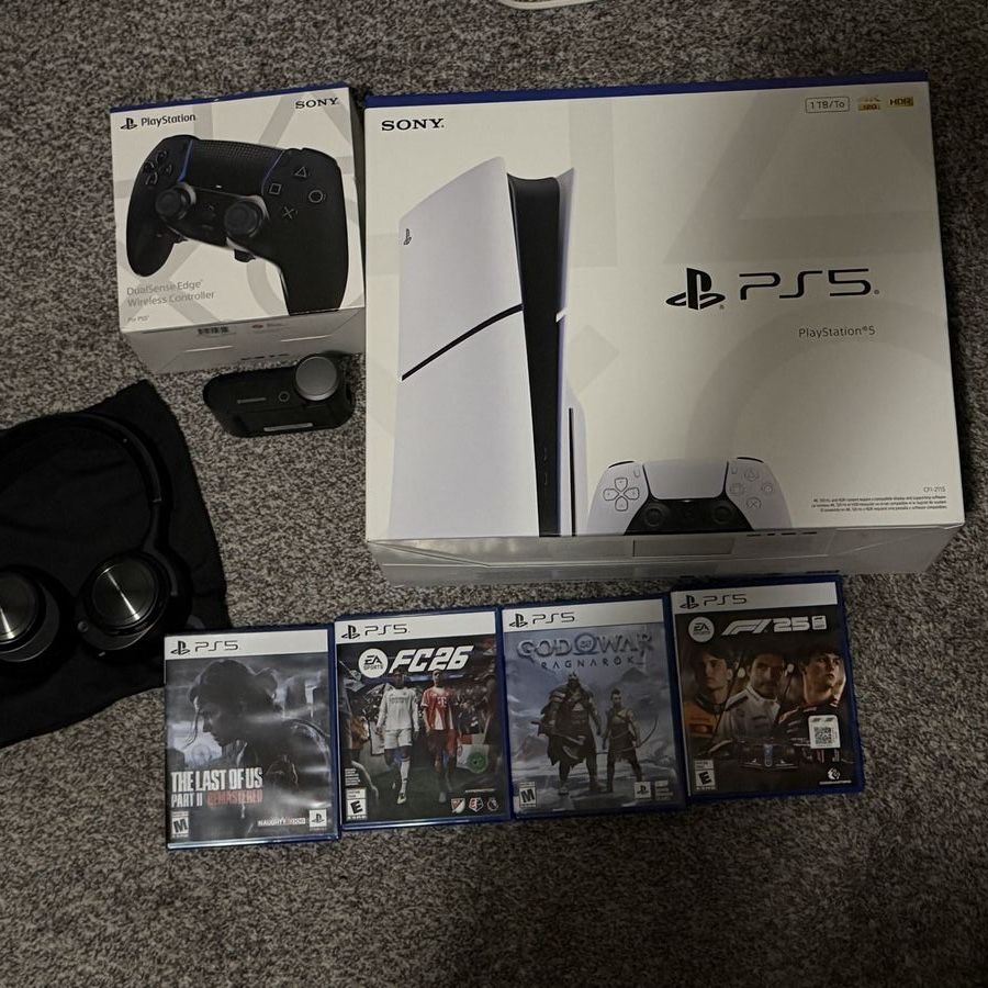 Ps5 with 4 games and dualsense edge controller with steelseries arctis nova pro wireless headphones
