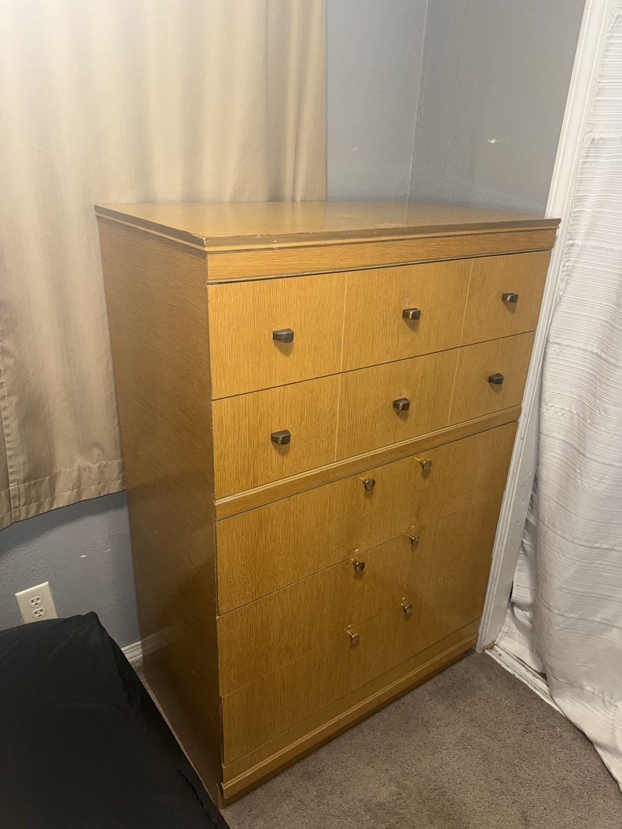 Vintage Wooden Tall Dresser Chest of Drawers with Brass Hardware