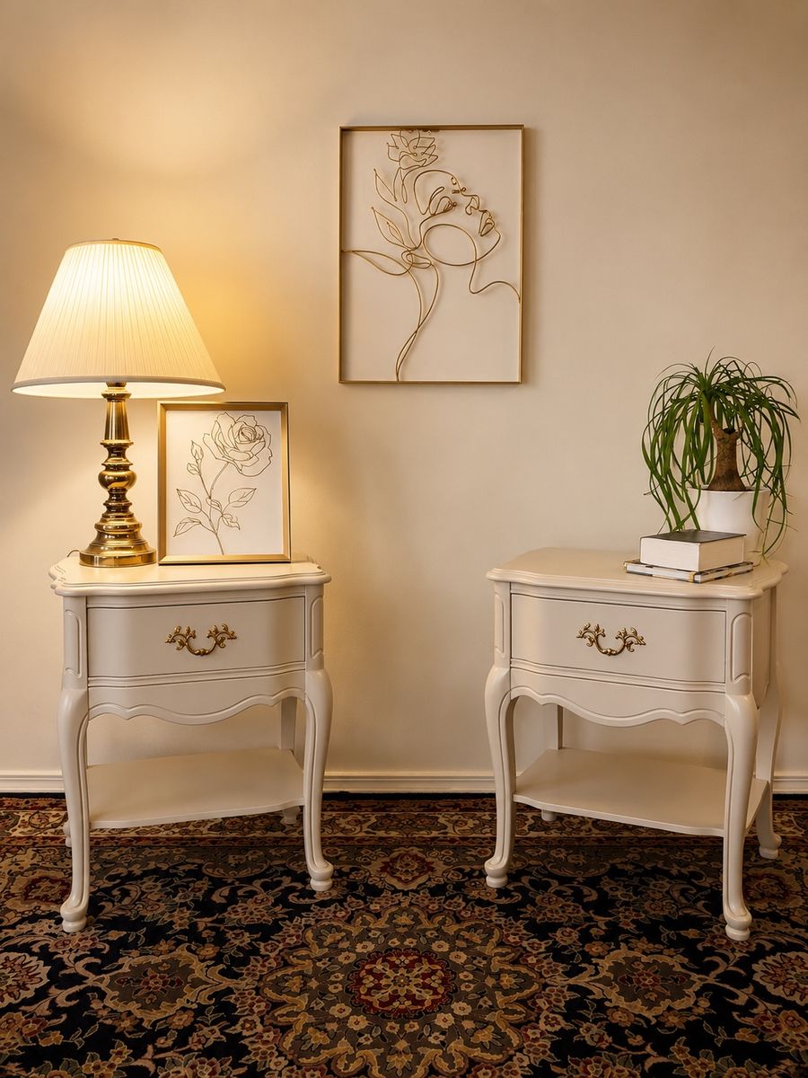 Professionally Refinished Nightstands | Sherwin-Williams Perfect Greige | Antique Brass | Pair