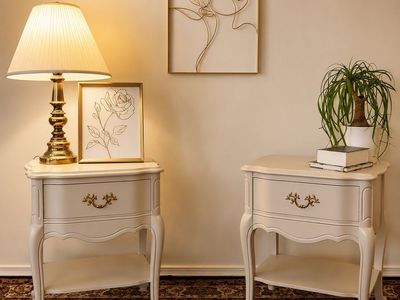 Professionally Refinished Nightstands | Sherwin-Williams Perfect Greige | Antique Brass | Pair