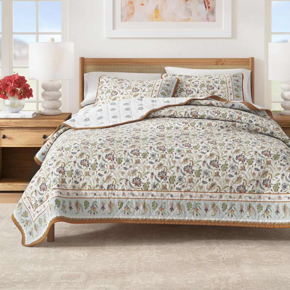 New! Great Bay Home Floral Cotton Quilt Set - 3-Piece Full/Queen Size Spring Boho Bedding Set - Lightweight, All-Season