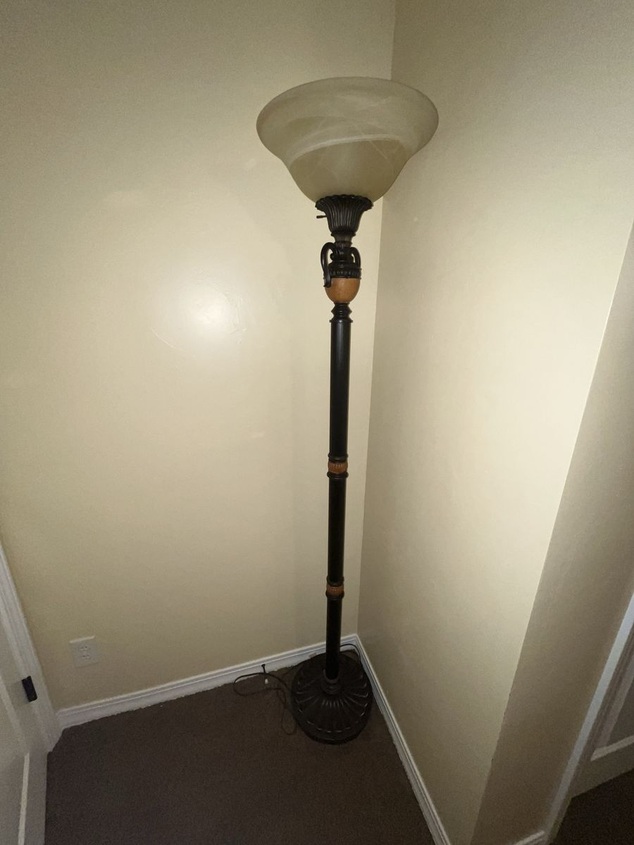 Traditional Torchiere Floor Lamp with Frosted Glass Shade and Dark Metal Finish