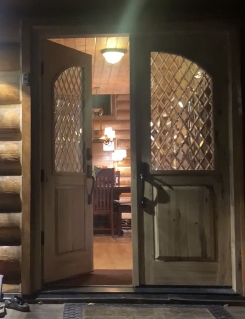 Rustic Wood Double Entry Doors with Diamond Paned Glass - Unique Arch Top Design