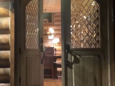 Rustic Wood Double Entry Doors with Diamond Paned Glass - Unique Arch Top Design