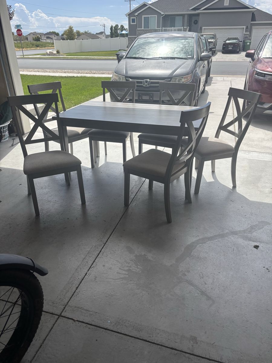 Gray Dining Room Table Set with 6 Covered Chairs
