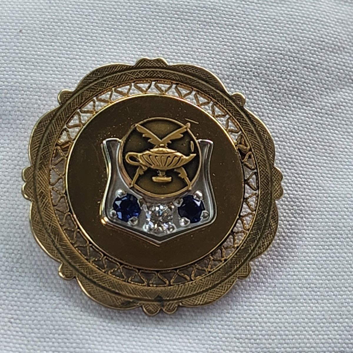 Vintage 12K Gold Filled CTO Lamp of Knowledge Brooch Pin with Blue Sapphire and Diamond Accents