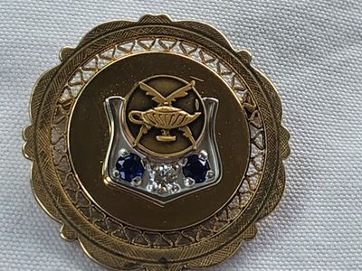 Vintage 12K Gold Filled CTO Lamp of Knowledge Brooch Pin with Blue Sapphire and Diamond Accents