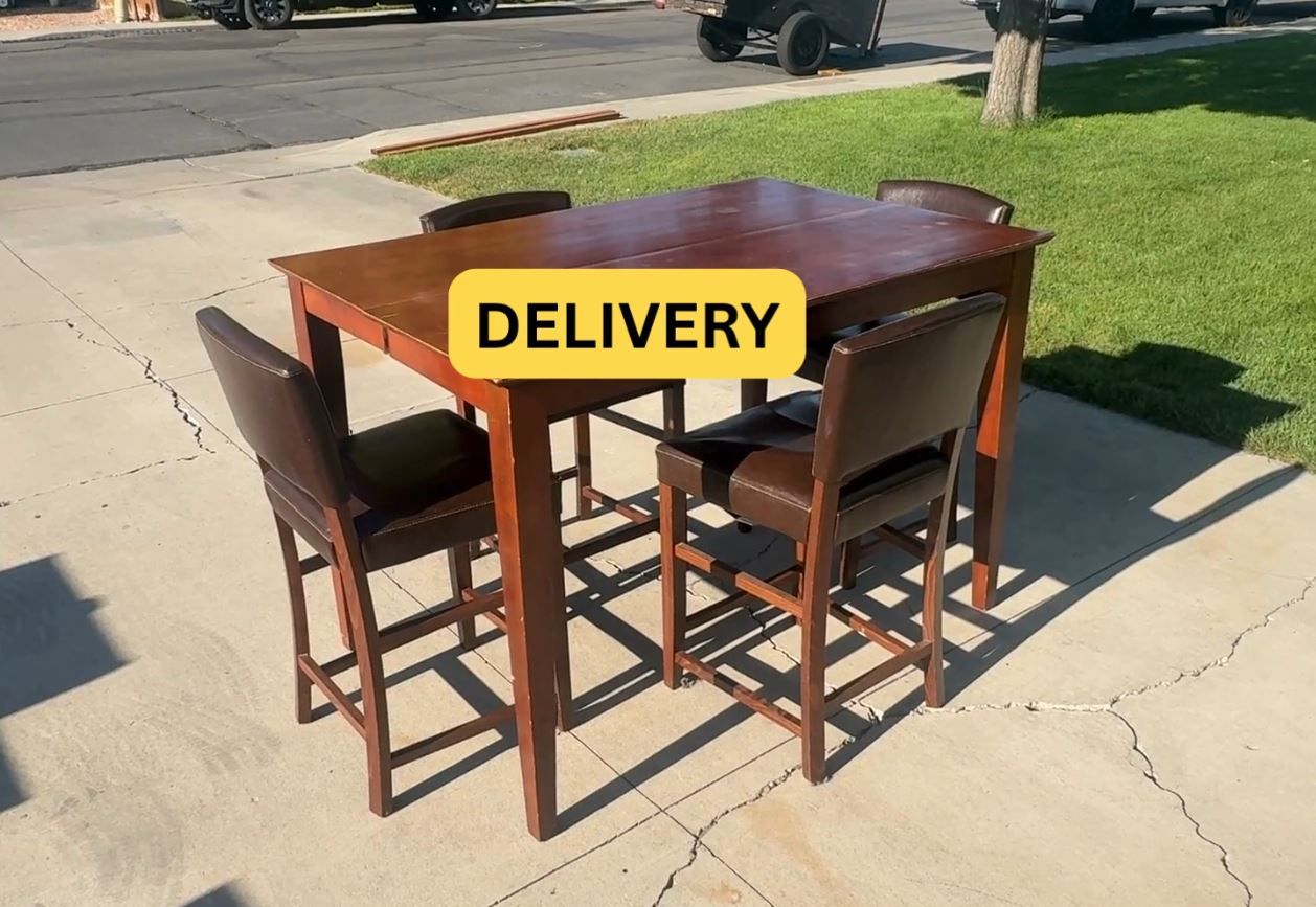 DELIVERY - High Table Set with 4 Leather Chairs (AND LEAF)