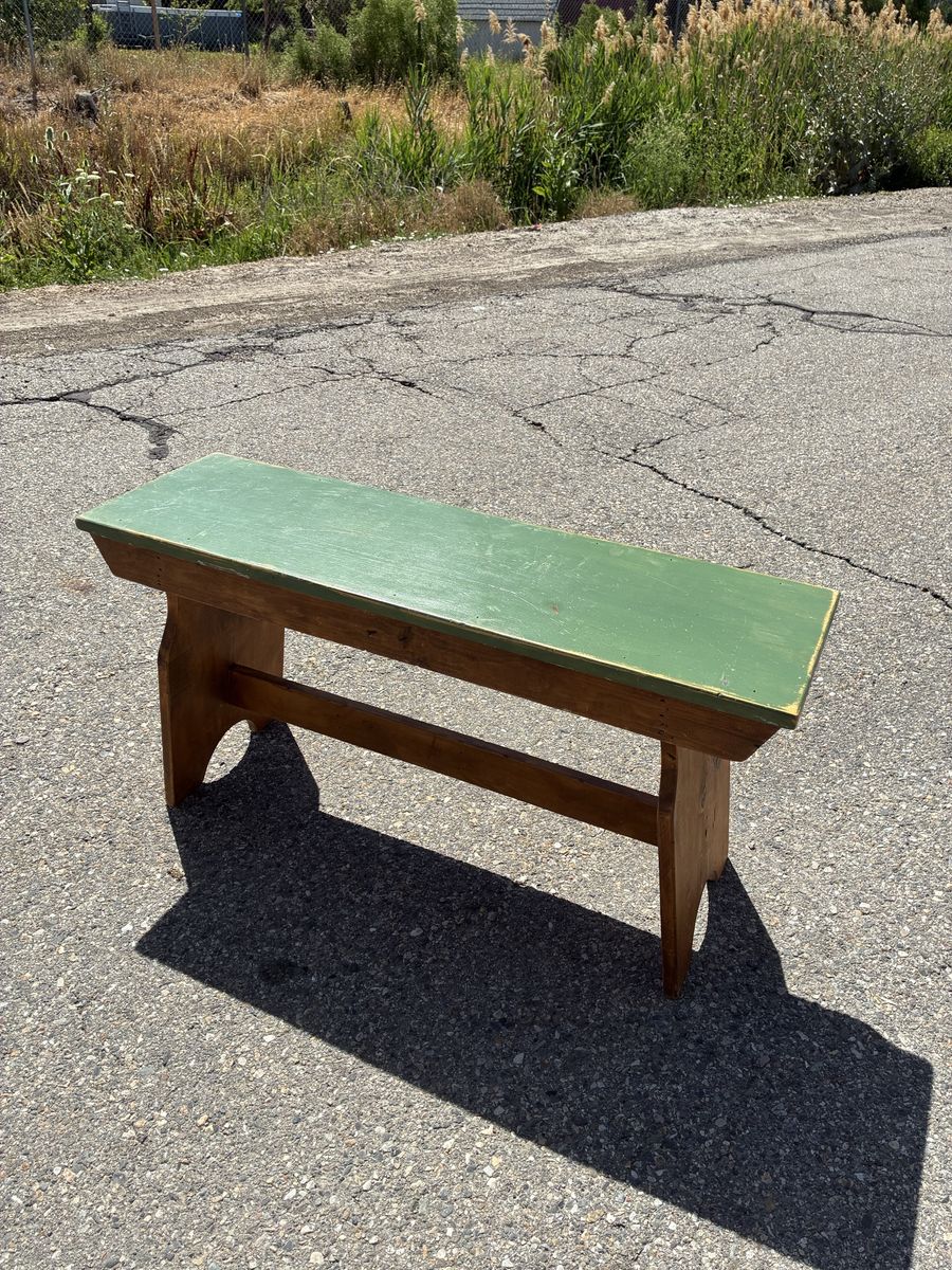 Vintage Wooden Bench - Green Top, Natural Wood Rustic Seating