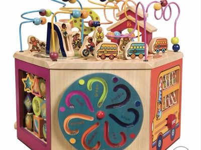 B. Toys Wooden Activity Cube - Farm & Bus Theme Multi-Sided Toddler Toy