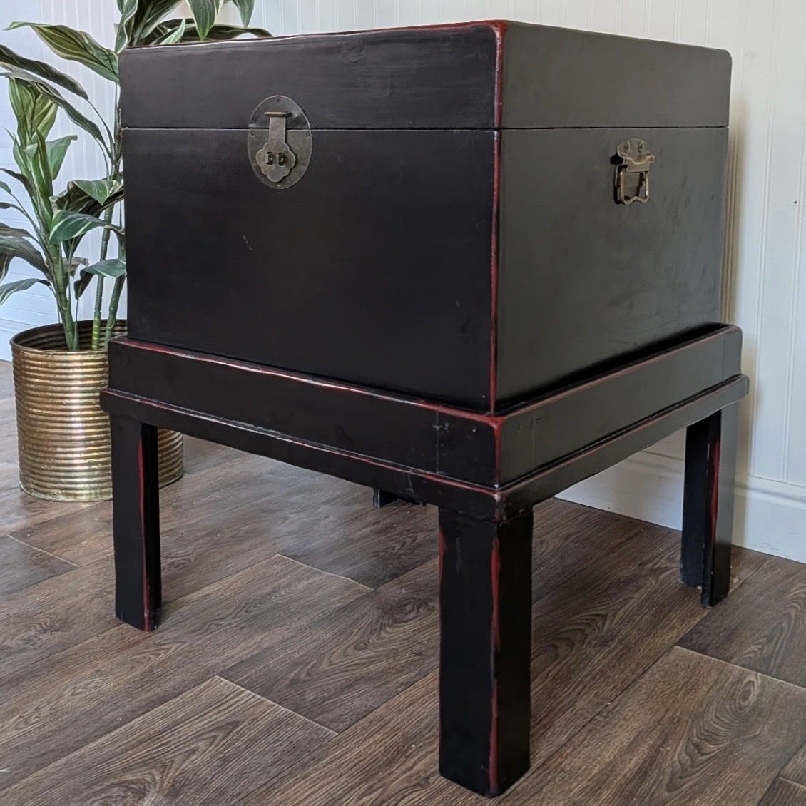 Black Chinoiserie Style Trunk on Stand / Side Table