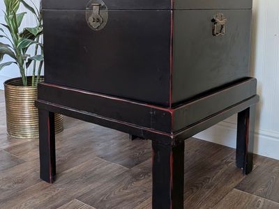 Black Chinoiserie Style Trunk on Stand / Side Table