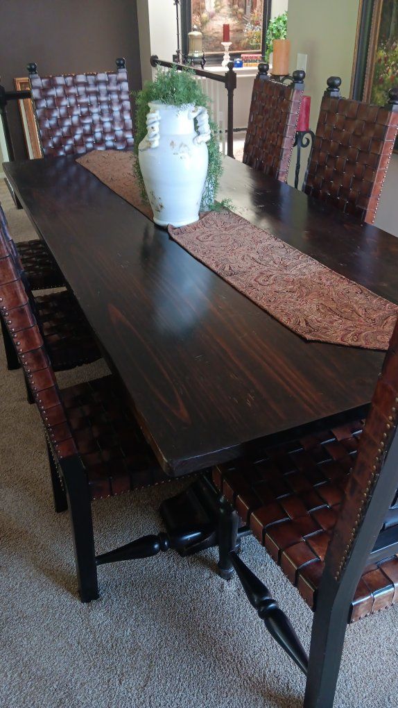 Handmade Woven Leather & Wood Dining Chairs (Set of 6) - Rustic Dark Wood Finish