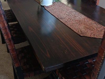 Handmade Woven Leather & Wood Dining Chairs (Set of 6) - Rustic Dark Wood Finish