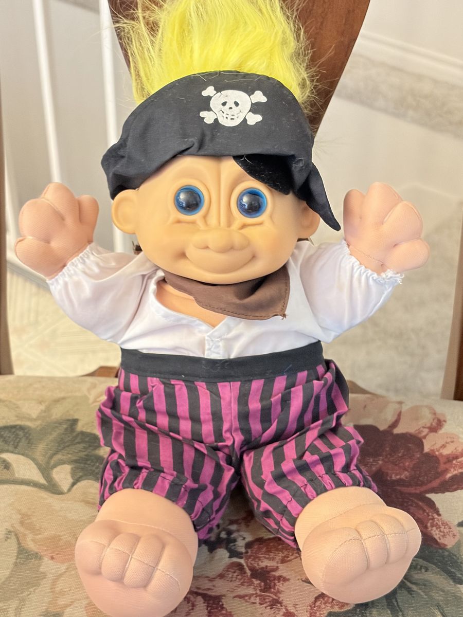 Vintage Trolls Pirate Doll with Pink Striped Pants and Yellow Hair