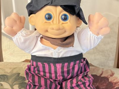 Vintage Trolls Pirate Doll with Pink Striped Pants and Yellow Hair