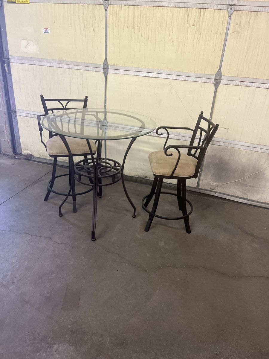 Glass Top Bistro Table Set w/ 2 Swivel Bar Stools - Wrought Iron Style, Beige Cushions