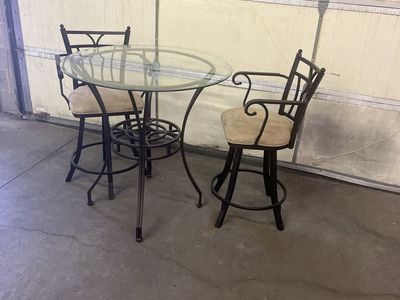 Glass Top Bistro Table Set w/ 2 Swivel Bar Stools - Wrought Iron Style, Beige Cushions