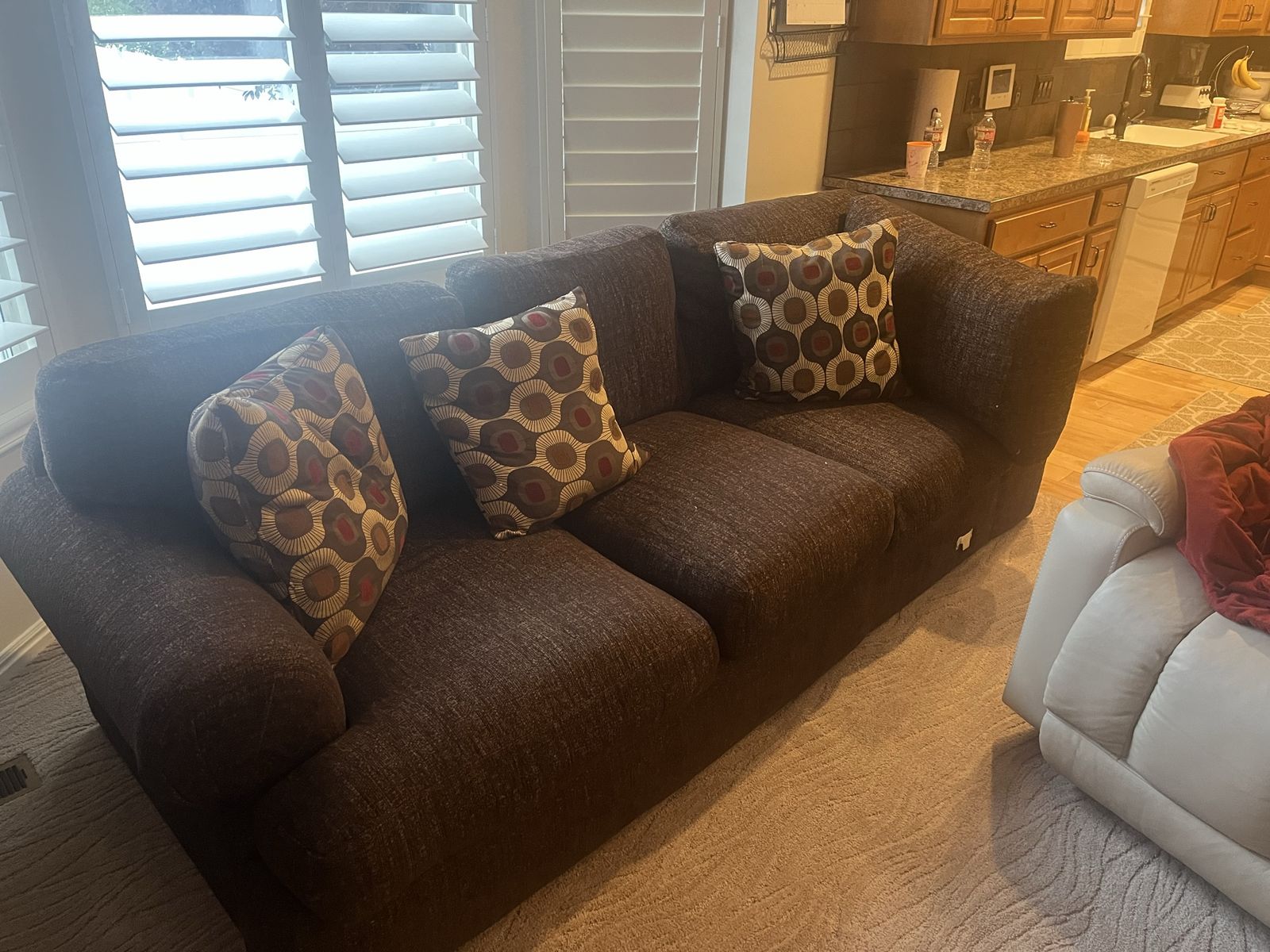 Brown Fabric Sofa Couch with Decorative Pillows - Good Condition