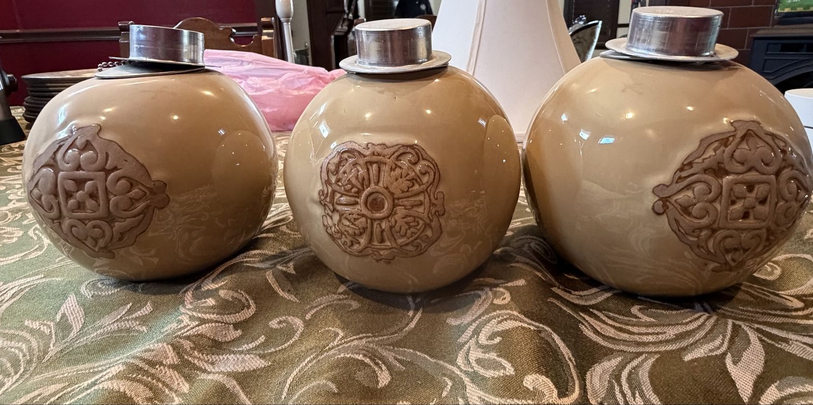 3 pottery/ceramic sphere oil lamps