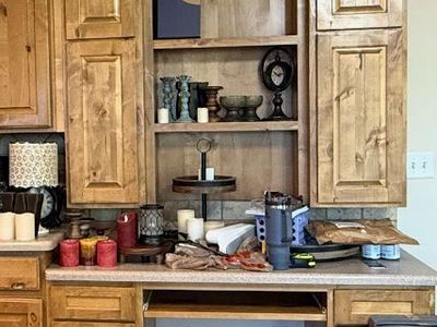 Solid Wood Kitchen knotty alder Cabinets with Built-in Desk and Upper Hutch