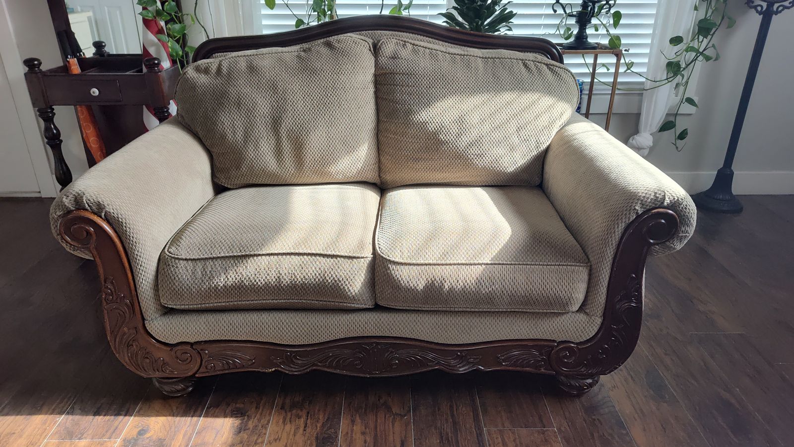 Beige Textured Fabric Loveseat 