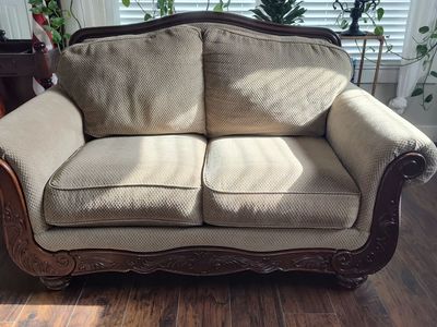Beige Textured Fabric Loveseat