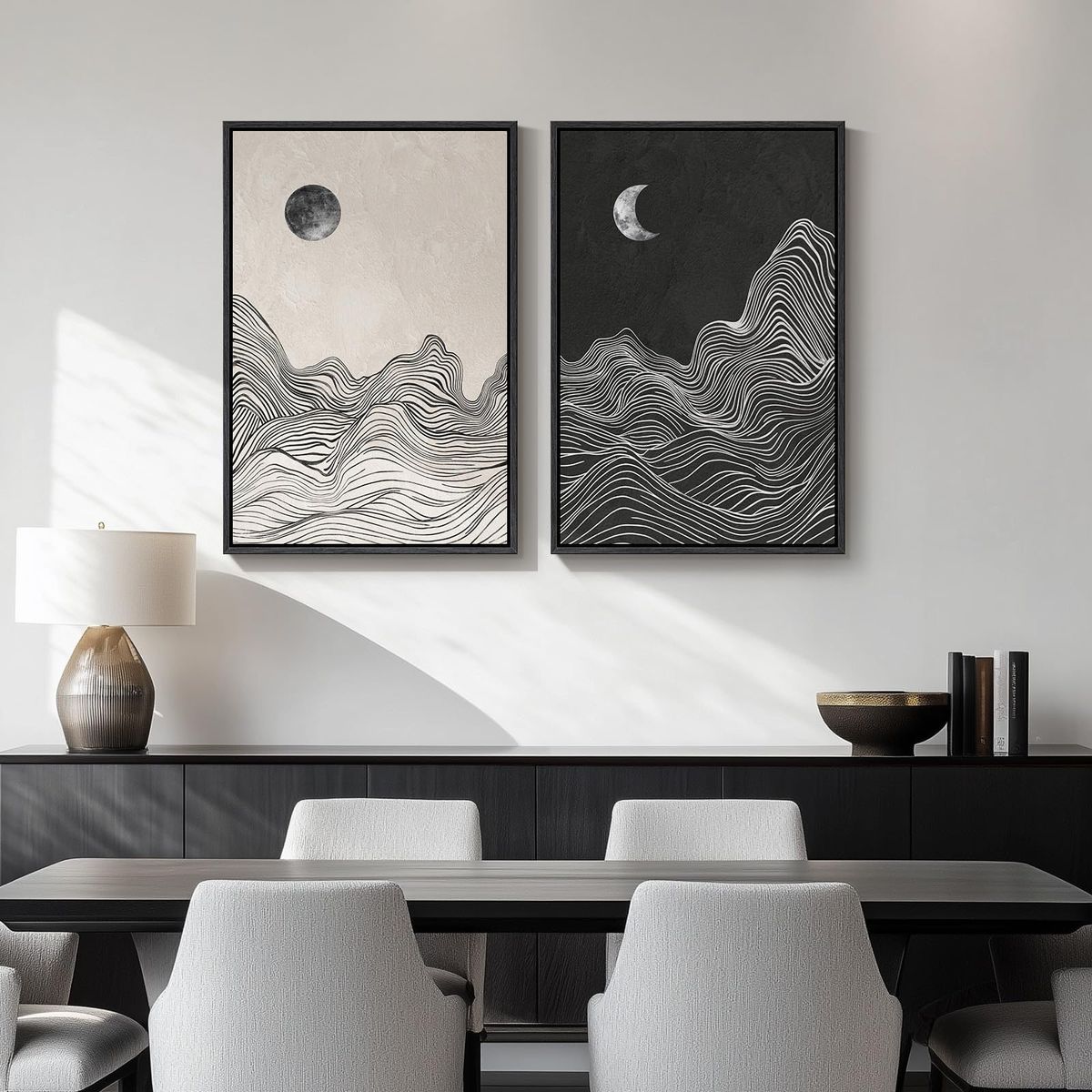 New Abstract Moon Mountain Landscape Wall Art Canvas Prints Set of 2, Framed Modern Minimalist Decor